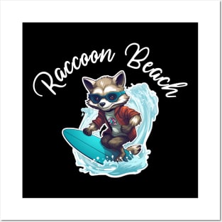 Raccoon Surfing - Raccoon Beach (White Lettering) Posters and Art